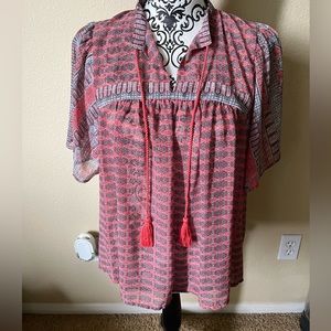 Lucky Brand Red and Gray Patterned Blouse